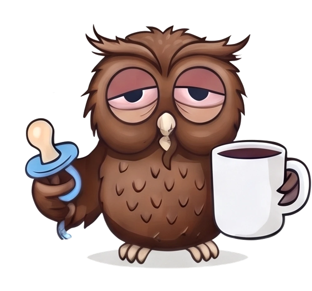 Tedious, the Department's owl, holding a pacifier in one wing and a mug of coffee in the other